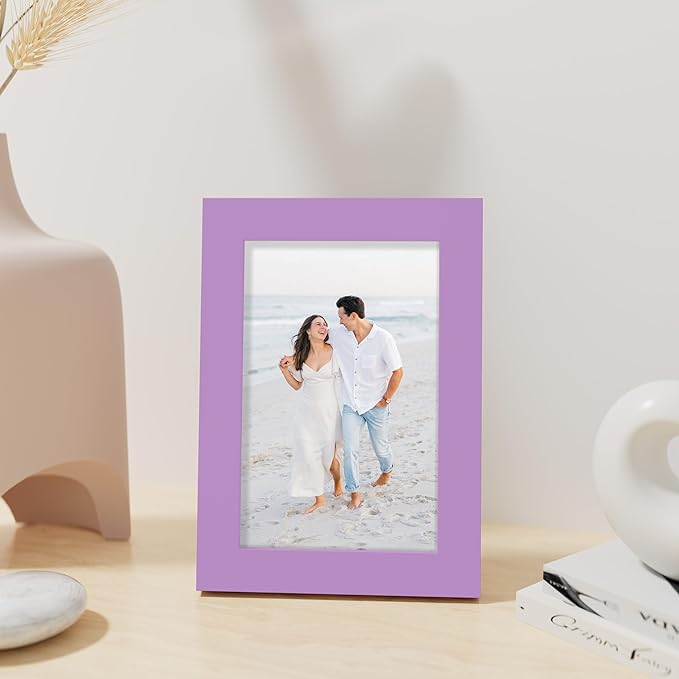 Vittanly 4x6 Picture Frame, Made of Solid Wood and Shatterproof Plexiglass, Wooden Photo Frame for Wall Mounting or Tabletop Display, Picture Frame for Home Decor with Stand, Purple, 1 Pack