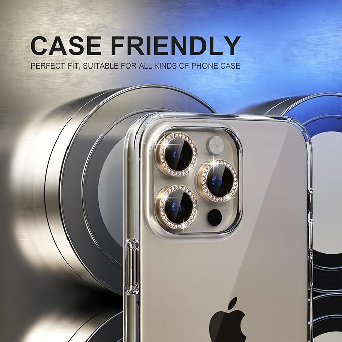 Choiche Compatible for iPhone 15 Pro/iPhone 15 Pro Max Camera Lens Protector Bling, 9H Tempered Glass Camera Cover Screen Protector Metal Ring Decoration Accessories (Diamond-Gold)