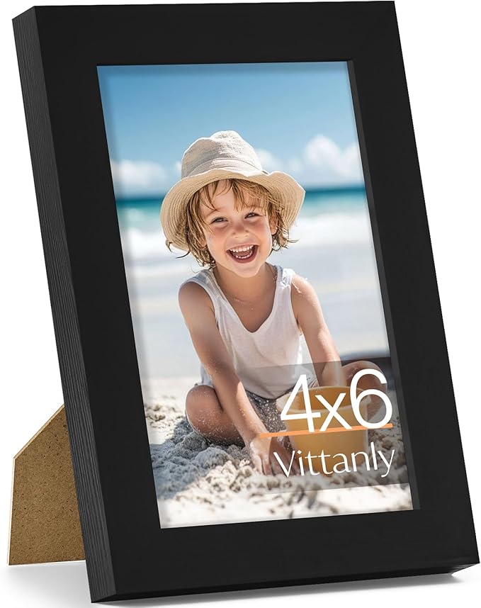 Vittanly 4x6 Picture Frame, Made of Solid Wood and Shatterproof Plexiglass, Wooden Photo Frame for Wall Mounting or Tabletop Display, Picture Frame for Home Decor with Stand, Black, 1 Pack
