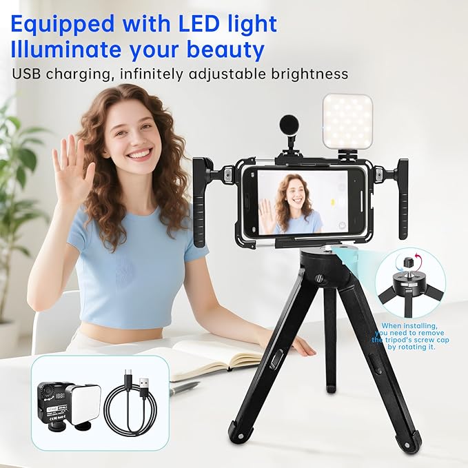 Phone Video Stabilizer Rig Kit: Phone Cage Rig for Video Recording with Handles LED Light Tripod - for Videomaker Videographer - for iPhone for Samsung for Pixel and Other Android Phones