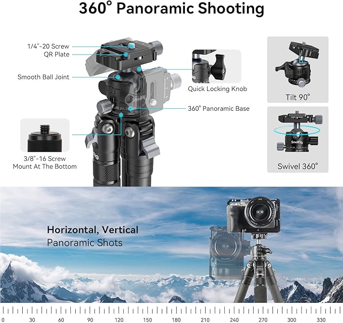 SmallRig AP-10 Carbon Fiber Tripod, 52.4" Lightweight Compact Camera Tripod with Detachable Monopod, 360° Ball Head, Quick Release Plate, Payload 26.5 lbs, for Canon for Sony, DSLR Camera, Phone-4060