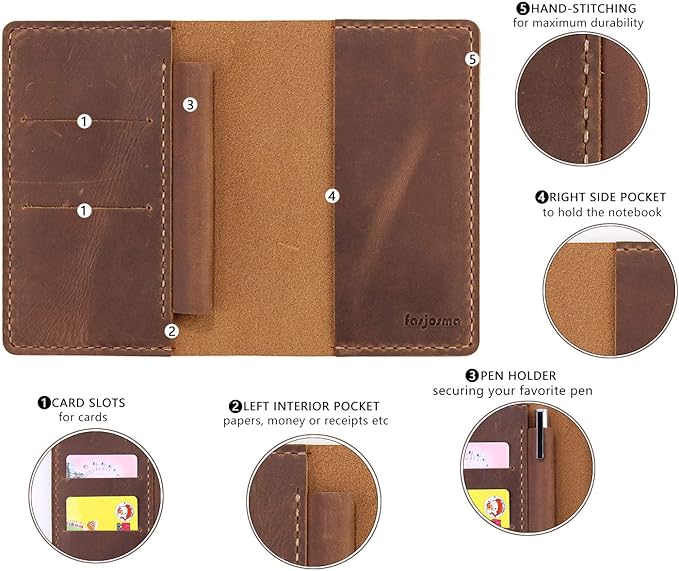 Leather Notebook Cover for Field Notes, Handmade Journal Cover for Moleskine Cahier Journal, Leather Cover with Pen Holder fits 3.5" x 5.5" Pocket Notebook - Brown