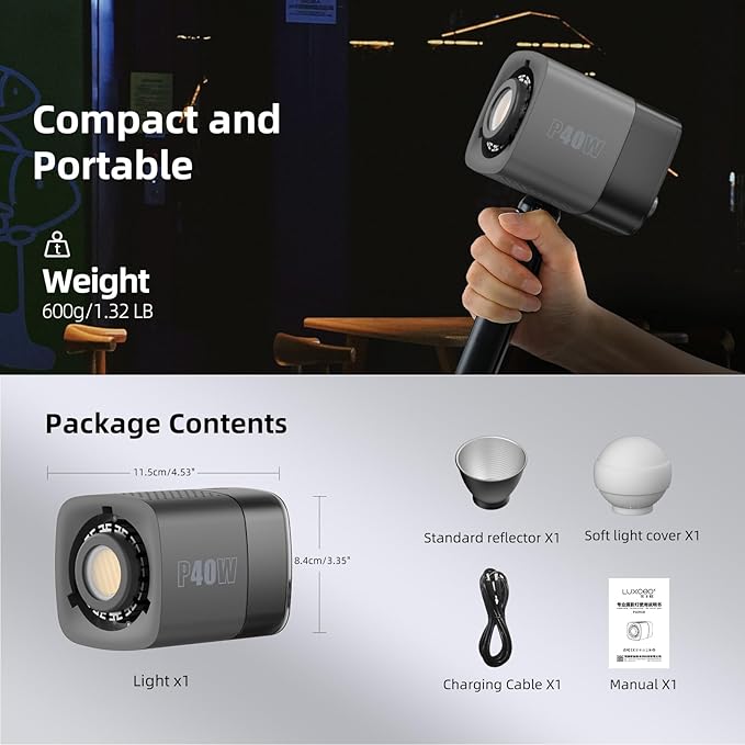 LUXCEO Portable LED Video Light 40W Metal Mini COB LED Bi-Color 2500K-6500K CRI≥95 TLCI≥97 Built-in 5000mAh Battery Photo Studio Light Handheld Spotlight Magnetic Attachable Reflector & Softbox