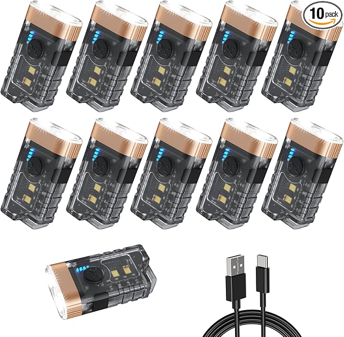 iToncs LED Small Powerful EDC Flashlight with Warm White Red Light,Bright USB C Rechargeable 9 Modes Mini Pocket Keychain Flash Light with Clip,IP5 Waterproof,365nm UV Black Light,Tail Magnet 10PC