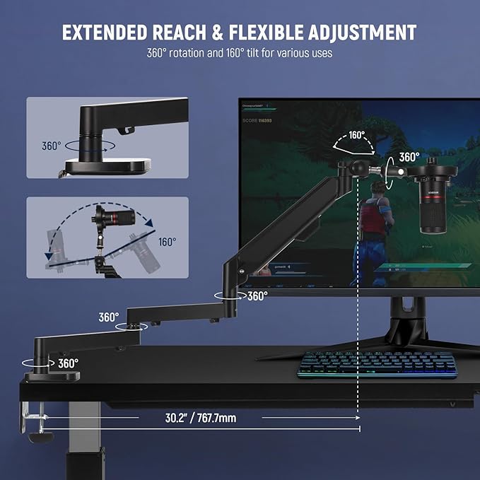 Neewer Low Profile Mic Arm Desk Mount, 360° Swivel Boom Arm with Pneumatic Damping Adjustable, Cable Management, Compatible with Shure MV7 SM7B Blue Yeti Gaming Streaming Podcast Microphone, MS002