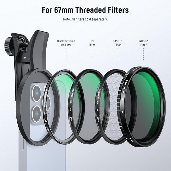 NEEWER 67mm Phone Filter Clamp, Adjustable Threaded Filter Clip Mount Compatible with iPhone 17 Pro Max 16 16e 15 Plus 14 13 mini, LA007