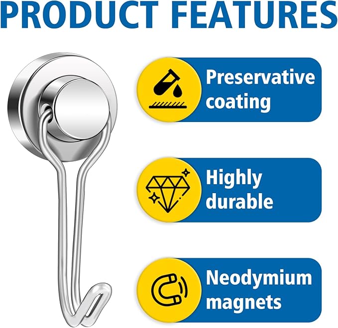 BAVITE E Swivel Swing Magnetic Hooks New Upgraded, 40LB(8pack) Refrigerator Magnet Hook,Strong Neodymium Magnets, Perfect for Refrigerator and Other Surfaces,62mm(2.44In) in Length