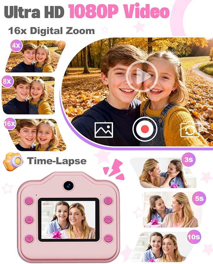 Instant Print Camera for Kids, Front Rear Dual Selfie Kids Camera with 1080P Videos, Christmas Birthday Gifts for Kids Ages 3-12, Toddler Digital Camera Toy for 4 5 6 7 8 Year Old Girls (Pink)