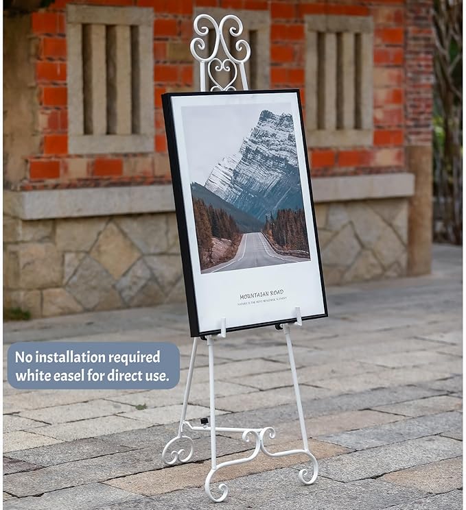 Metal Free Standing Adjustable Display Stand Scroll Easel with Chain Support, White Easel Stand for Sign, Wedding, Picture Frame. (No Installation Required)