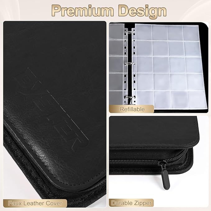BYSTER Coin Collection Book, 30 Pack 600 Pockets Coin Sleeves, Faux Leather Coin Collection Holder Album, Coin Collection Organizer Storage Box Case (Coin Flips Not Included), Black