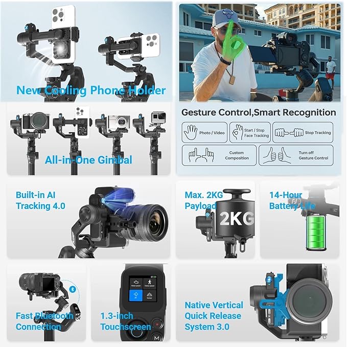 FeiyuTech SCORP MINI-3 Combo AI Tracking Camera Gimbal,All-in-One 3-Axis Stabilizer with Vertical Shooting,Bluetooth&Cable Control,Max 4.41 lbs,for Sony Canon Nikon Panasonic Fujifilm DJI GoPro iPhone
