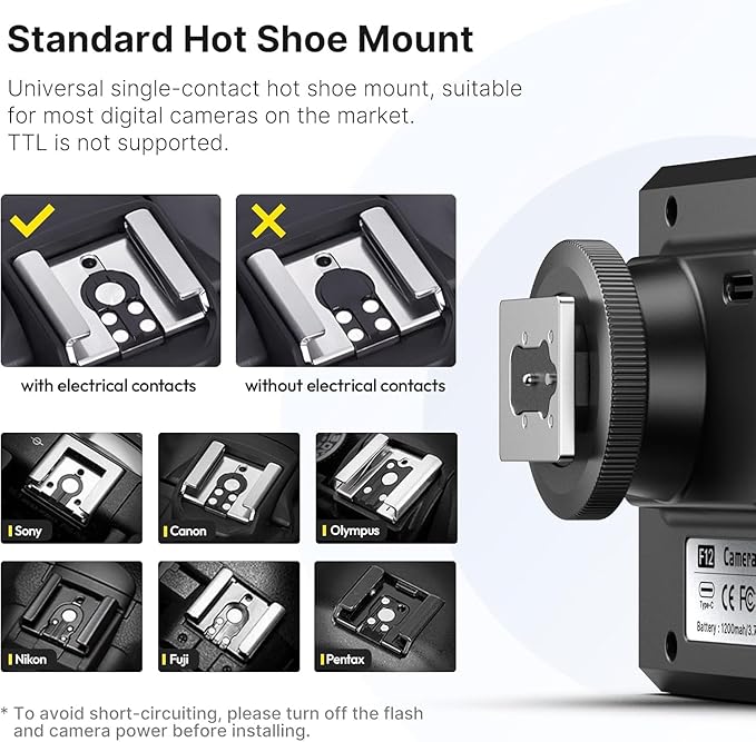 ULANZI F12 Mini Flash, GN12/CCT 5600K Camera Speedlite Flash for Canon Fuji Sony Nikon Panasonic Olympus Pentax, Single Contact Universal Hot Shoe Mount Flashlight, NOt Compatible with Sony ZV-1F