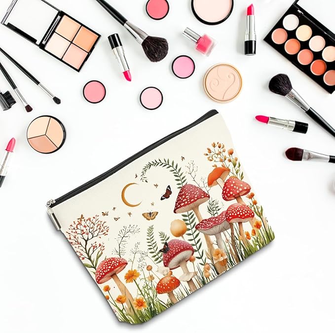 2 PCs Floral Mushroom Makeup Bag Mushroom Gifts Cosmetic Bag, Mushroom Stuff mushroom bag, Mushroom Gift for Women Girls Friends Coworkers Christmas birthday Gifts Botanical Zipper Pouch