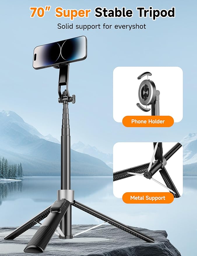 70" Magnetic Phone Tripod, Selfie Stick Tripod for iPhone Magsafe with Rechargeable Remote & 2 in 1 Magnetic Holder, Portable Cellphone Stand for Recording Travel, Compatible with iPhone and Android