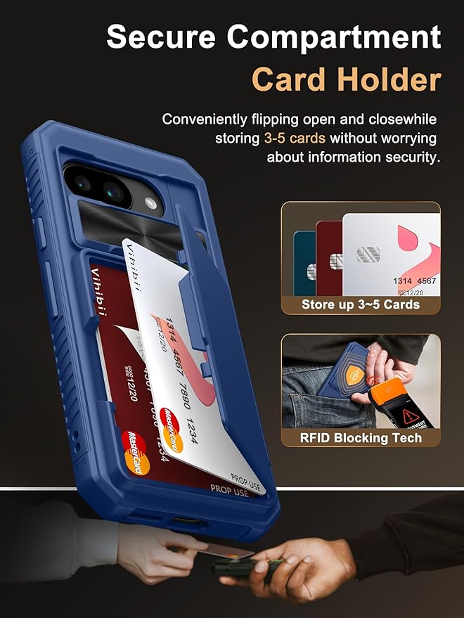 Vihibii for Google Pixel 9a Case with Card Holder (4 Cards), [RFID Blocking] & Slide Camera Cover, Military Grade Drop Protection, Heavy Duty Shockproof Wallet Case for Google Pixel 9a 2025, Blue