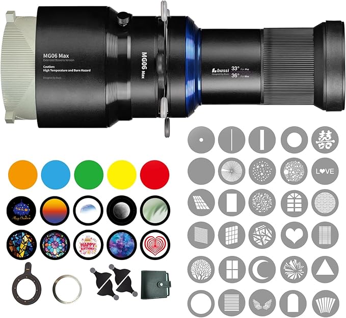 Bussi MG06 Max Bowens Mount Snoot with 40 Gobos, 36° Lens Optical Snoot Spotlight for Photography Video Shape Light Studio, GOBO Light, (Extended Bowens Mount)