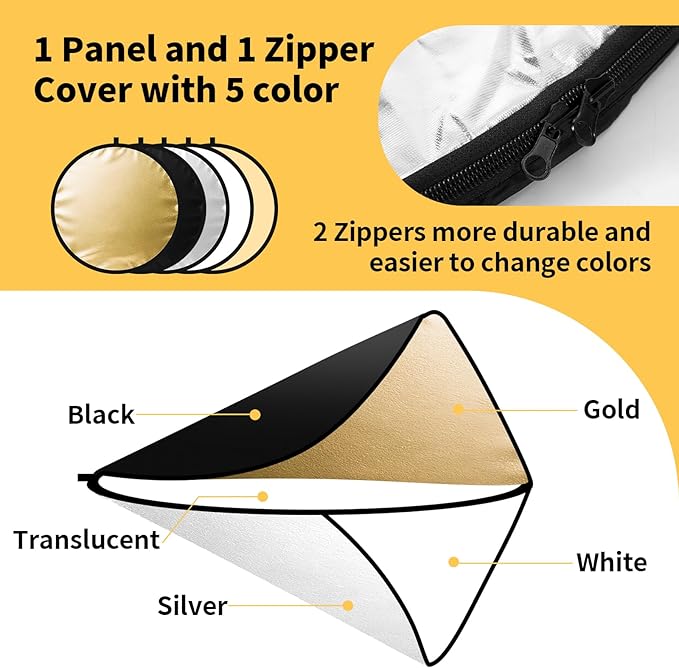 24/32/43/52in Reflector Photography,5 in 1 Light Diffuser with Panel &Bag Light Reflectors for Photography, Ideal for Content Creator Essentials&Photographer in Silver,Gold,White and Black