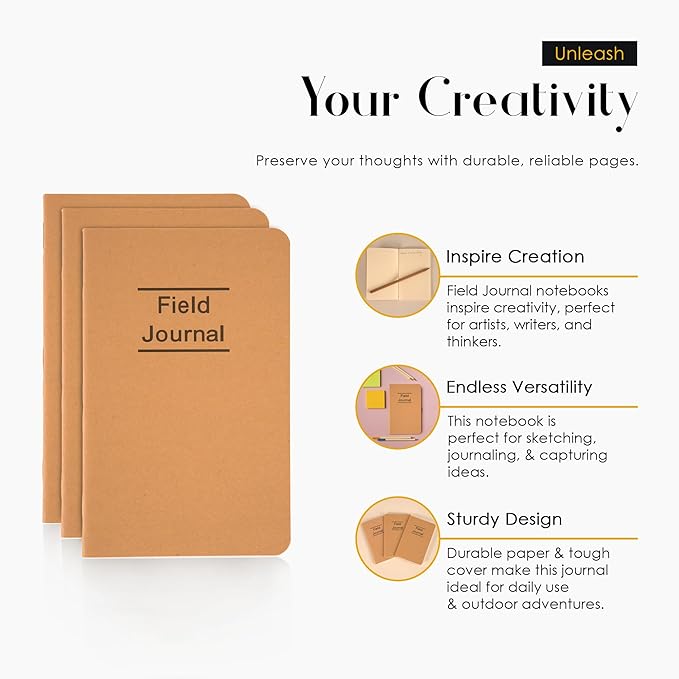 GSM Brands Field Journal - 3 Pack | Durable Pocket Notebook for Notes | 48-Page (24 Sheet) Kraft Book
