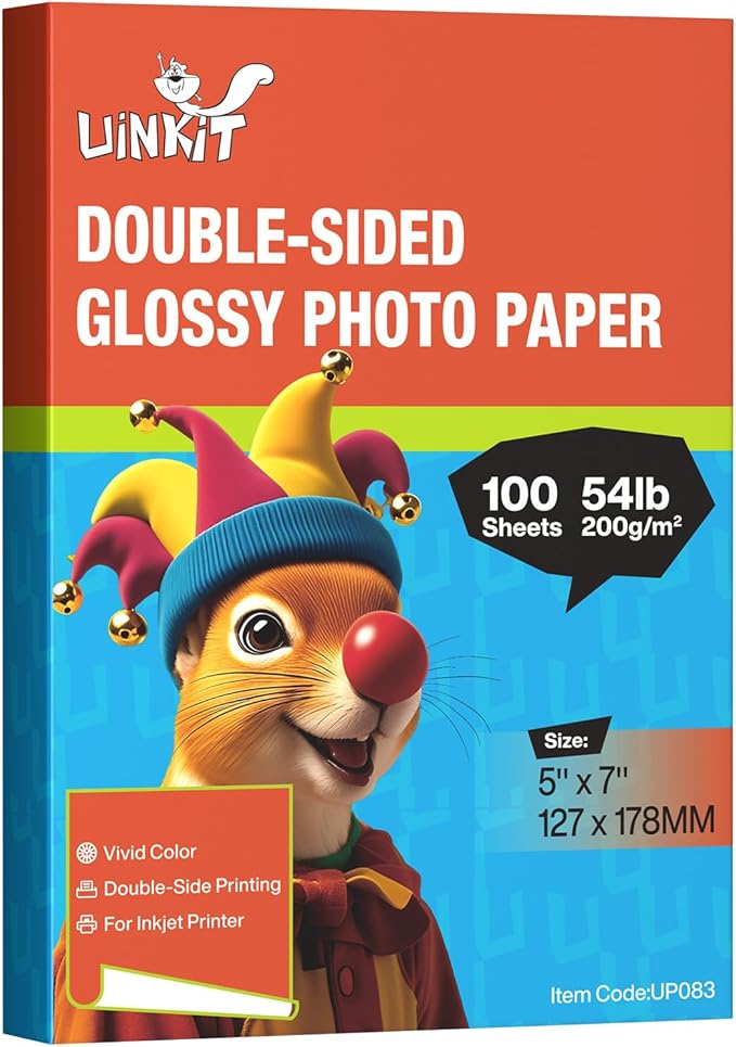 Uinkit Double Sided Photo Paper Glossy 100 sheets 5x7 54lbs Inkjet for Dye Ink 200Gsm kPicture 5 x 7 9.5Mil for Inkjet Printing Printer (100, 5x7)