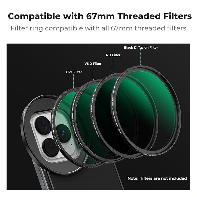 K&F CONCEPT 6.1 inch Magnetic Lens Filter Mount Adapter Compatible with iPhone and 67mm Threaded Filters, Compatible with 17/16/15/14/13/12, 16/15/14/13/12 Pro (Filter Not Included)