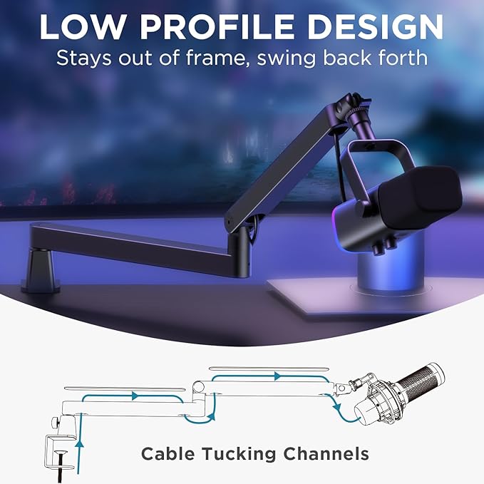 InnoGear 2026 Upgraded Microphone Boom Arm, Magnetic Cable Management Low Profile Mic Stand 360° Rotatable Desk Mount for Fifine AM8 K669B Blue Yeti HyperX QuadCast SoloCast AT2020, Black