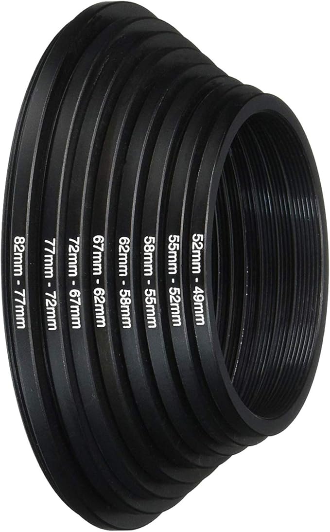 Fotasy Filter Step Down Ring Set, Anodized Metal Black, 8 Stepping Down Lens Adapter Rings, 82-77mm 77-72mm 72-67mm 67-62mm 62-58mm 58-55mm 55-52mm 52-49mm Step Down Ring (SRD)