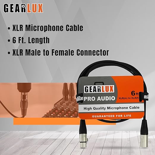 Gearlux XLR Microphone Cable, Fully Balanced, Male to Female, 6 Feet - 6 Pack