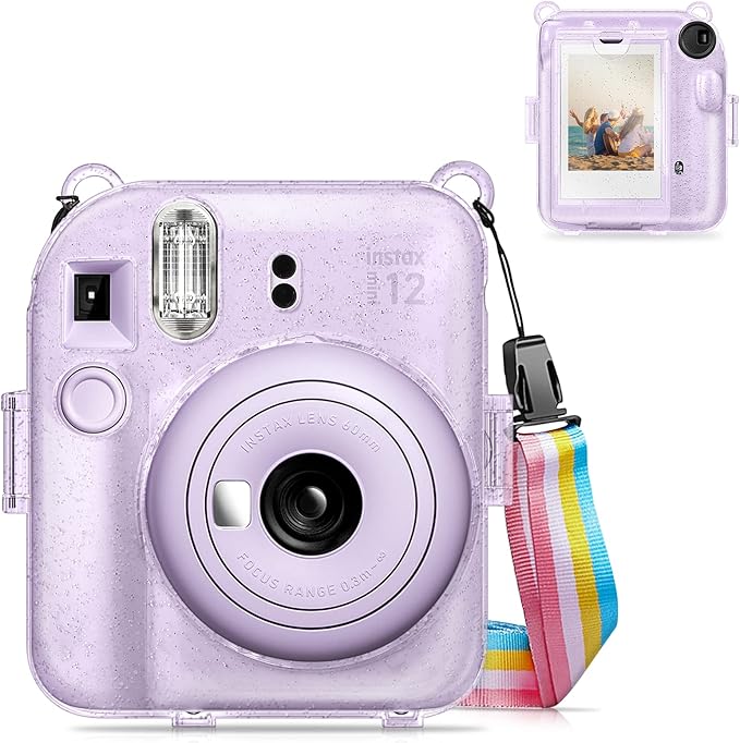 Fintie Protective Clear Case for Fujifilm Instax Mini 12 Instant Camera - Crystal Hard Shell Cover with Upgraded Film Pocket for Storing Photos & Removable Shoulder Strap