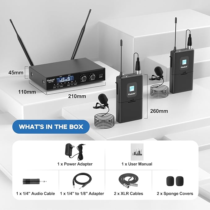 Wireless Professional Lavalier Microphone System, Dual UHF Cordless Mic Set with 2 Bodypacks & Lapel Microphones, 200 Channel Auto-Scan, 328ft Range for Church, Speaking, Teaching, Interview