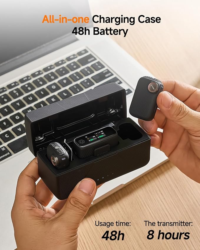 PQRQP S20 Mic (2 TX + 1 RX + Charging Case), Mini Microphone for iPhone/Android/Camera, 48kHz/24-bit High Audio, AI Noise Cancelling, 48h Use, 820ft Range, Wireless Microphones for Vlog, Streaming