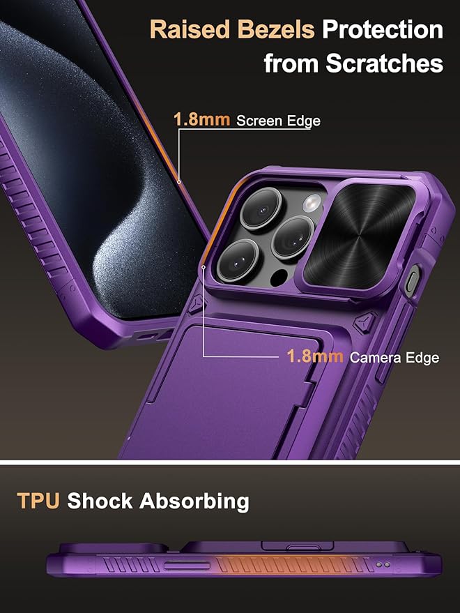 Vihibii for iPhone 15 Pro Max Wallet Case with Card Holder (4 Cards) & Slide Camera Cover & Kickstand, Raised Edges Protect Screen, Rugged Hard Back Cover for iPhone 15 Pro Max, 6.7" 2023, Dark Purple