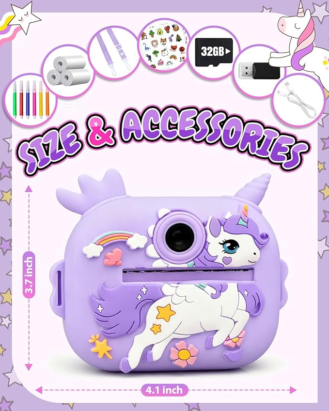 Kids Camera Instant Print, 1080P Kids Instant Cameras with Photo Printing and Fun Learning, Christmas Stuffers Birthday Gifts for Girls Age 3-12, Portable Toy for 3 4 5 6 7 8 9 10 Girls Boys, Purple