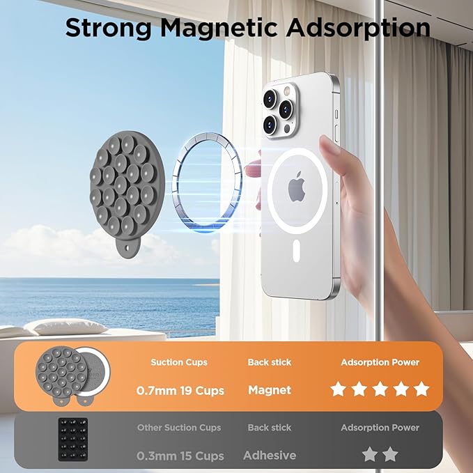 Magnetic Suction Cup Phone Mount with MagSafe, Silicone Hands-Free Grip Holder for iPhone Case and Android, Mirror Shower Phone Stand for Makeup FaceTime Gym Kitchen Bathroom, Gray