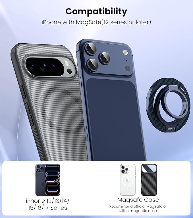 Nillkin MagSafe Phone Grip Ring Holder for Dual-Sided Magnet, Removable Magnetic Phone Ring Holder for iPhone 17/16/Pixel Snap Grip, Carbon Fiber, MagSafe Ring Stand, Accessories for iPhone, Blue