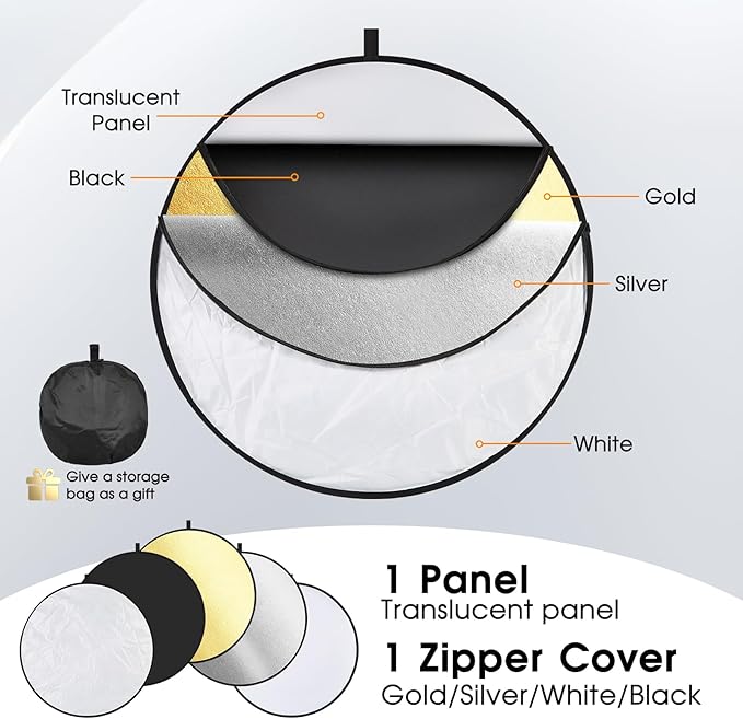 Kalofaye 5-in-1 Light Reflector 32 Inch/80 cm Photography Diffuser Collapsible Portable with Bag，Gold Silver White Black Translucent for Studio and Outdoor Lighting (32'' (80cm))