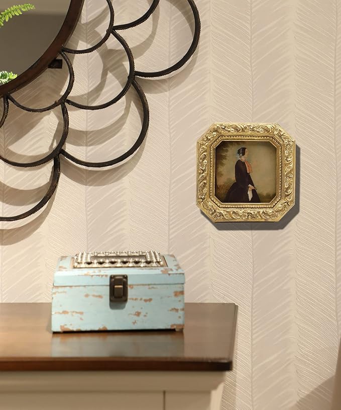 3x3 Small Vintage Picture Frame, Mini Antique Ornate Gold Photo Frame, Tiny Retro Octagon frame, for Tabletop and Wall Display, Old Fashioned Photo Gallery Art Decor