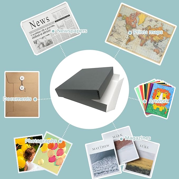 Golden State Art, Archival Storage Box, Acid-Free Drop Front Museum Box with Metal Edge for Storing Artwork Photos Documents Prints Arts And Crafts (Gray-14.75x18.75x3 Inches)