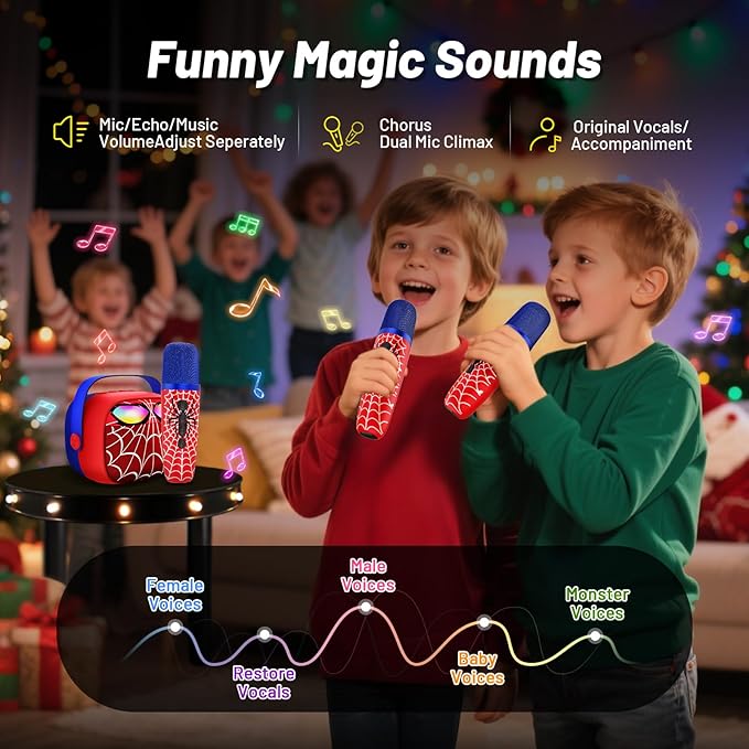Mini Karaoke Machine for Kids,5 Voice Effects - Portable Bluetooth Speaker with 2 Wireless Mics LED Lights for Boys Girls Ages 3-12| Kids Karaoke Machine Birthday Gift Toy for Singing,Party & Play