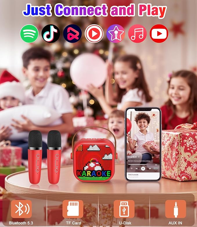 Mini Karaoke Machine, Portable Bluetooth Speaker with 2 Wireless Microphones for Kids & Adults, Karaoke Microphone with LED Lights, Gifts for Girls & Boys_Red