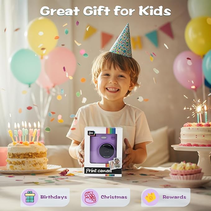 Kids Camera Instant Print, 1080P HD Dual-Lens Selfie Digital Camera with 5 Printing Paper Rolls & 32G TF Card, for Children, Portable Toddler Toy for Age 3-12 Boys & Girls (Purple)