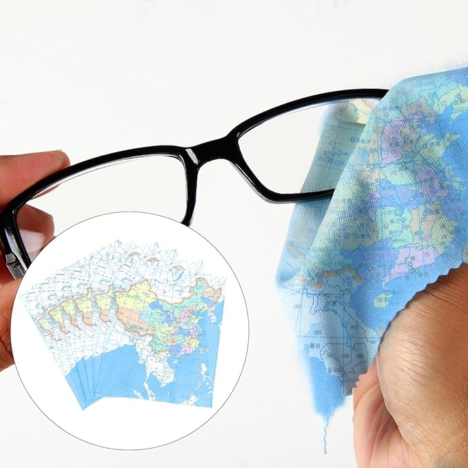 Healifty Glasses Cleaning Cloth Microfiber Lens Wiping Cloth for Eyeglasses and Screens Portable Reusable Streak-Free Polishing with Creative Map Pattern 6.69X5.70 Inches