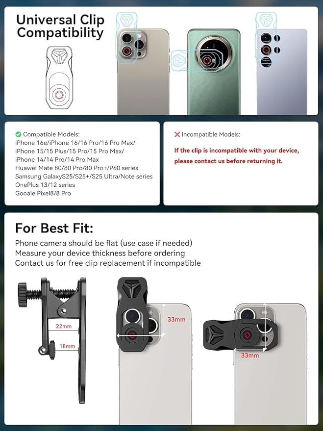 MIAO LAB 28X HD Telephoto Lens for iPhone/Samsung/Android, High Power Telephoto Camera Lens with Universal Clip Compatibility Most Smartphone