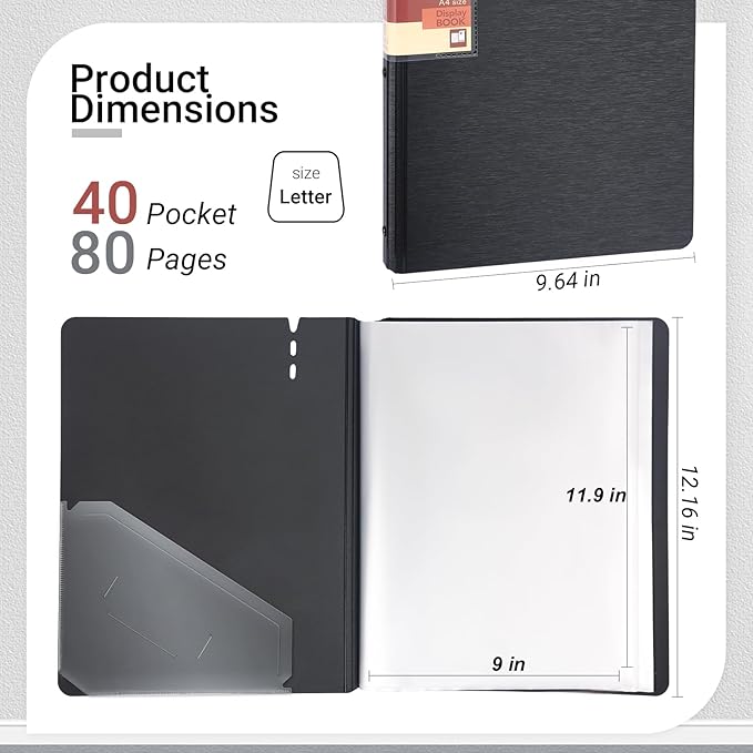 WORPSON Presentation Binder 40-Pocket, Displays 80 Pages, 9x12 inch with Plastic Sleeves, Portfolio Organizer for Documents, Certificates, Artwork, Photos, Clear Sheet Protectors (Black, 1 Pack)