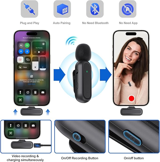 2 Pcs Wireless Lavalier Microphone for iPhone iPad Android PC, Mini Mic with Charging Case, 8H Battery, 65ft Range, USB-C, Clip-On Noise Reduction Mics for Vlogging, TikTok, YouTube, Video Recording