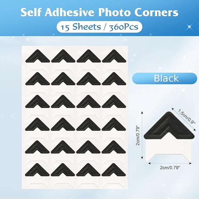 GOONAVI 15 Sheets 360 Pcs Acid-Free Photo Corners, Self-Adhesive Mounting for Wedding Scrapbook Supplies, DIY Photo Album, Journal, Guest Book, Memory Book (Black)