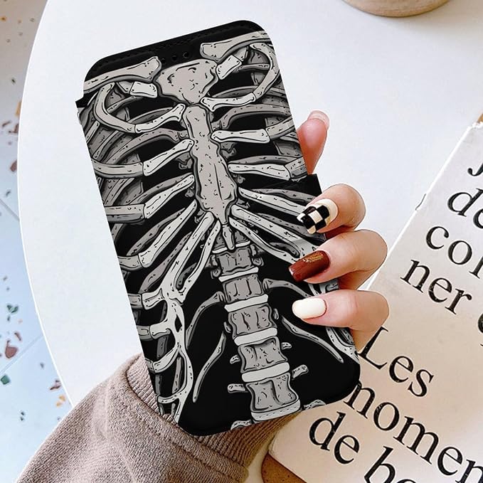 Skeleton Ribcage Bone Flip Leather Phone Case Compatible with iPhone 15/15 Plus/15 Pro/15 Pro Max