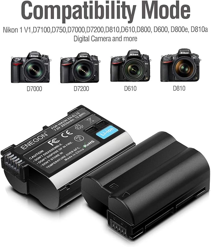 ENEGON EN-EL15C Replacement Battery (2 Pack 2250mAh) and Smart LED Dual Charger Kit for Nikon Camera and Compatible with Nikon Z6, Z7,D780,D500, D600, D610, D750, D800, D810, D810a, D850