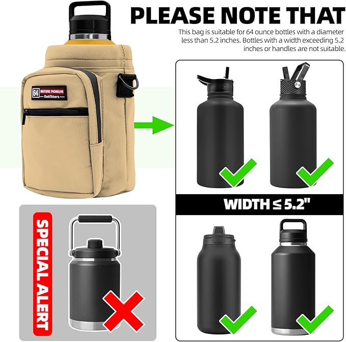 NATURE PIONEOR Water Bottle Holder with Adjustable Strap - Half/One Gallon (64/128oz) Insulated Water Bottle Sling Carrier with Phone Pocket & Paracord Handle, Outdoor Camping, Hiking, Gym