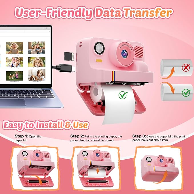Instant Print Camera for Kids, App Printing, 1080P Video, Dual-Lens Selfie Digital Camera with 32G SD, Christmas Birthday Gifts for Girls Boys 4 5 6 7 8 9 10 11 12 Year Old, Portable Toddler Toy