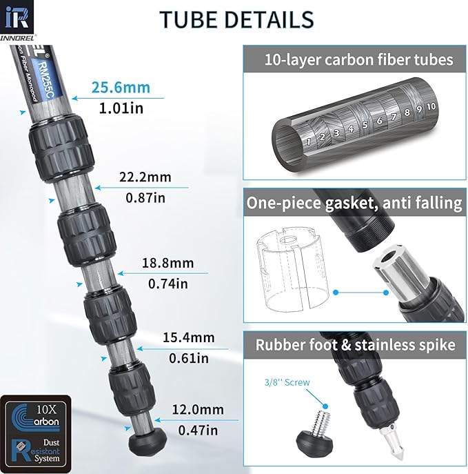 Carbon Fiber Camera Monopod INNOREL RM255C Professional Portable Compact Lightweight Travel 5-Section Monopod for Canon Nikon Sony DSLR Camera Video Camcorder DV Photography Bracket Load 15lbs/7kg